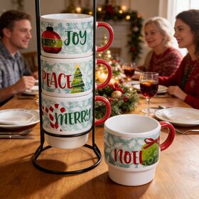 Juego de Tazas de Café de Cerámica Navideñas Apilables con Estante de Metal, Tazas Festivas 'Noel Joy Peace Merry'