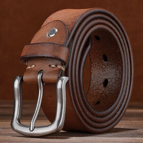 Vintage Cowhide Leather Belt Brass Buckle Western Cowboy Fashion Accessory