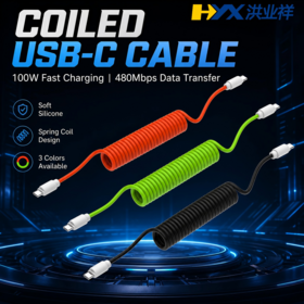Wholesale Soft Silicone 100W PD Coiled USB-C to USB-C Cable, 480Mbps Spring spiral Charging Data Cable for Car & Office