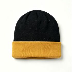 Two Tone Black And Mustard Yellow Cuffed Knit Beanie Hat, Blank Winter Warm Acrylic Skull Cap, Unisex Fold Edge Toque Support