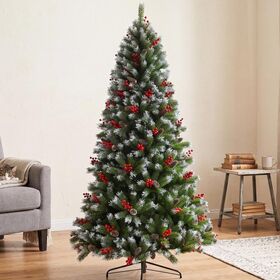 Pre-Snow Flocked Artificial Xmas Tree, Rich Red Berry & Pine Cone Accents Sturdy Metal Base, Christmas Tree
