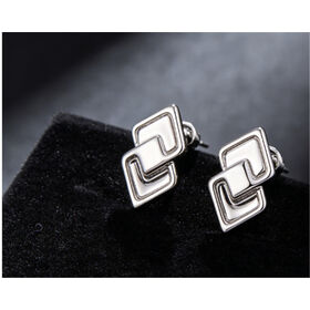 Vintage Square Bezel Brass Cartoon Pattern Geometric Copper Women Stud Earrings