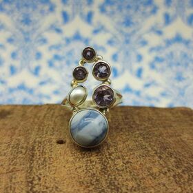 Multi Stone Amethyst Larimar Sterling Silver Unique Women Engagement Cocktail Rings