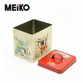 Square Handle Lid Metal Tin Container Custom Printed Food Tin Can For Egg Roll Biscuit Snack Gift Packing