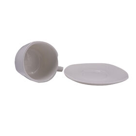 Custom large square white ceramic coffee cup and saucer, 255ml plain ceramic tea cup set for cafe restaurant home