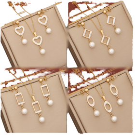 stainless steel pearl necklace and earring women party jewelry sets