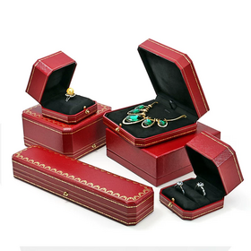 Octagonal Red PU Leather Jewelry Box Set, Gold Embossed Lace Edge Metal Snap Flip Gift Case for Engagement Ring, Wedding Couple