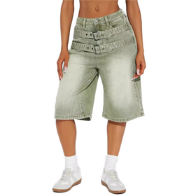 High Waist Patchwork Denim Shorts Vintage Style Loose Straight Apparel