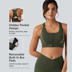 Medium Support Racerback Sports Bra with Pocket-Color Block, Built-in Bra, 4-Way Stretch, Training Top for Women
