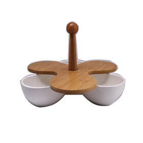 Three-leaf bamboo top handle divided snack platter ceramic bottom appetizer serving tray