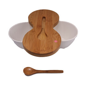 Double connected ceramic bowl with bamboo lid & bamboo spoon snack storage bowl