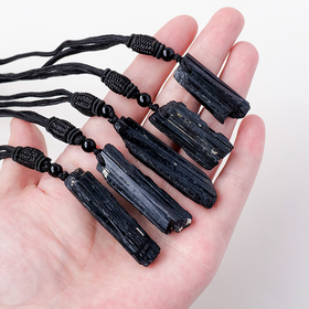 Natural Black Tourmaline Raw Stone Pendant Necklace, Original Columnar Tourmaline Crystal, Adjustable Black Braided Rope Jewelry