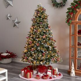 Frosted Flocked Warm Light Pre-Decorated Xmas Tree with Foldable Metal Stand, Christmas Tree