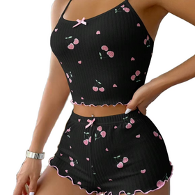 Women V-Neck Satin Knitted Printed Sleeveless Pajamas