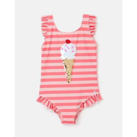 Girls One Piece Swimsuit for Kids, Striped Ruffle Cap Sleeve Scoop Back UPF50+ Sequin Toddler Swimwear