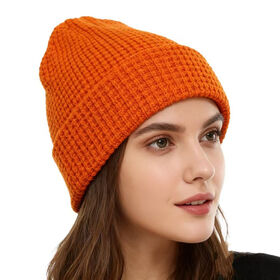 Bonnet en tricot gaufré classique en gros, bonnet épais double couche de haute qualité, bonnet d'hiver à revers pour femme