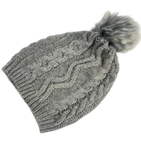 Warmer Winter-Beanie aus Wollmischung für Damen, Jacquard-Strickmütze mit Bommel, weiche Vintage-Unisex-Mütze für Erwachsene, Grau