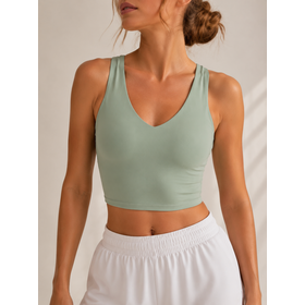 Women V Neck Racerback Longline Sports Bra, Padded Crop Tank Top for Yoga Gym Workout Active Wear