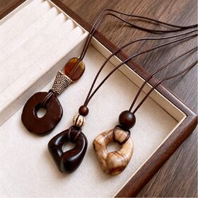 Wholesale Winter and Autumn Irregular Geometric Wood Bead Resin Pendant Long Necklace Sweater Chain for Unisex