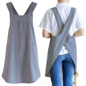 Unisex Cross Back Cotton Linen Kitchen Apron With Pockets, Cute Japanese Style Cooking Apron for Baking Home Kitchen for Men Women