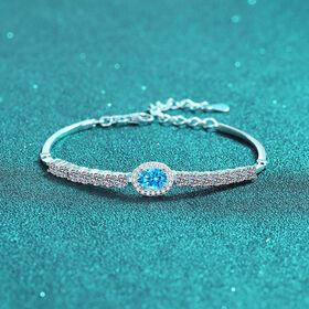 Sterling Silver Inlaid Moissanite Strand Bracelet Blue Geometric Bezel Jewelry