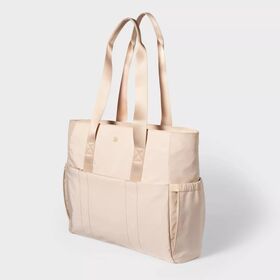 16.5" Recycled Polyester Tote Bag with 14" Laptop Pocket-Water-Repellent, Bottle Holders, Trolley Sleeve, Cream