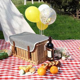 4-Person Pink Willow Rattan Picnic Basket Set with Wooden Lid