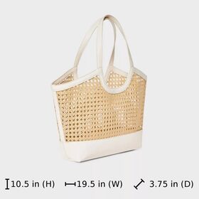 Straw Caning Tote Bag with White Trim-Structured Polyethylene, Open Top, Double Handles, Natural Beach Style