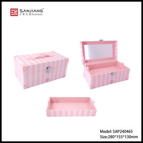 Pink White Stripe Large Capacity Makeup Train Case Cosmetic Box Portable Makeup Case Organizer 2 Trays Makeup Storage with Mir