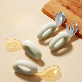 Kidsren's Independent Feeding Baby Silicone Stainless Steel Food Supplement Cutlery Sets Spoon Fork