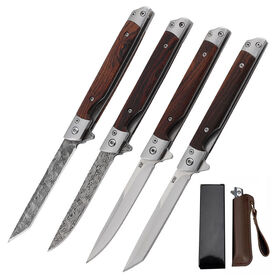 Damascus Blade Leather Sheath Outdoor Camping Survival Folding Pocket Knife