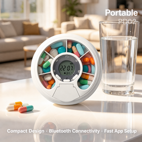 PD02 Portable Bluetooth 7 slots Compact Smart Pill Dispenser with Timing Dosing for Elder Medicine Management