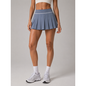 Women Ribbed Waistband Pleated Tennis Skort with White Piping, Quick Dry Built-in Shorts Athletic Skirt for Golf Workout Running