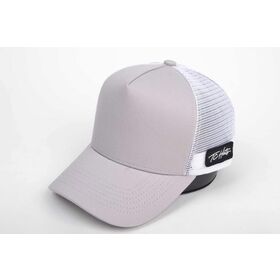 Casquette de camionneur personnalisée en gros à 5 panneaux, profil haut, avec étiquette tissée personnalisée et fermeture à pression, dos en mesh