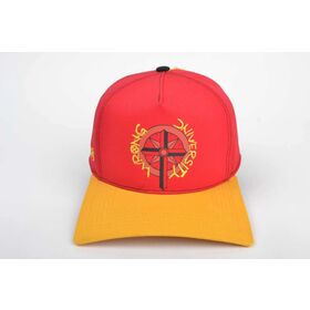 Casquette de camionneur personnalisée avec contraste rouge et jaune, broderie 3D avec décor de pompon, casquette de baseball à profil haut à visière plate en gros