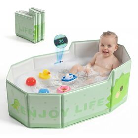 Foldable Baby Bathtub with Temperature Sticker & Side Drain-Portable Toddler Bath Tub 6 Months-6 Years, Space-Saving Green