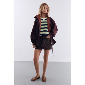 Customized Women Contrast Lining Stand Collar Short Windbreaker Jacket, Drawstring Waist Balloon Sleeve Casual Cropped Trench Coat