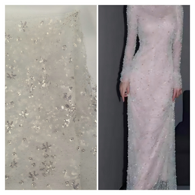 Beaded Sequin Embroidery White Polyester Bridal Lace Fabric Wedding Dress Material