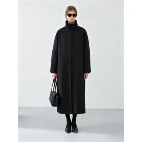 Women Black Oversized Stand Collar Long Windbreaker Jacket, Minimalist Loose Straight Fit Quiet Luxury Long Trench Coat