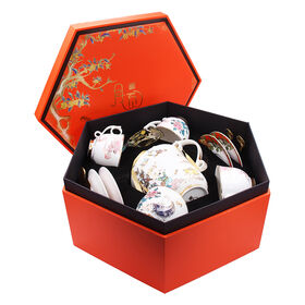 LFGB Certified Fine Bone China Coffee Set Real Gold Decal Traditional Retro Style for 4 Sets Cup and Saucer FDA Pass with Gift Box