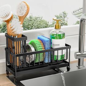 Kitchen Sink Sponge Holder, Rust-Resistant 304 Stainless Steel Sink Caddy with Brush Holder for Countertop Use
