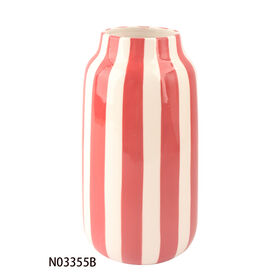 RED And White Vertical Striped Cylindrical Ceramic Vase Modern Hand Painted Striped Flower Vase For Home Tabletop Decor