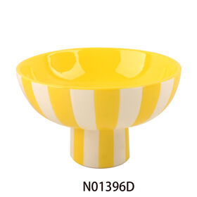 Hand Painted Two Tone Stripe High Base Ceramic Compote Bowl Decorative Dessert Salad Display Bowl For Kitchen Countertop