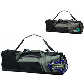 Spacious Polyester Black Gray Lacrosse Duffle Bag, Large Stick Holder Sports Gear Bag for Hockey Match & Practice
