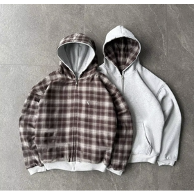 Custom Logo Zip Up Reversible Plaid Lined Cotton Hoodie