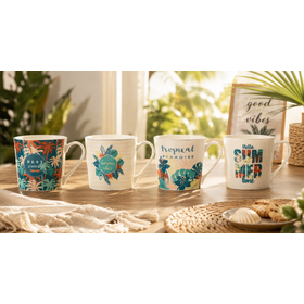 Taza de cerámica del modelo tropical del verano 350ml, OEM de encargo clasificado de la impresión de la taza de café de la porcelana de 4 diseños