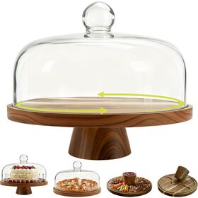 Wooden Cake Stand with Clear Lid Stand w/Magnetic Pedestal Solid Acacia Holder for Dessert Cupcake-Ideal for Kitchen Birthday Part