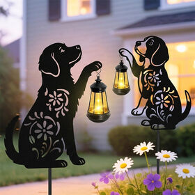 BSCI Factory Price Metal Dog with Solar Lantern Outdoor Decoration Garden Ornament