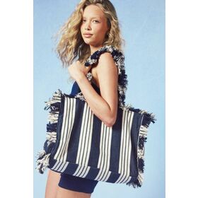 Tas Pantai Jacquard Garis-garis Oversized dengan Tepi Berumbai - Siluet Terstruktur Ringan untuk Pantai, Festival & Perjalanan