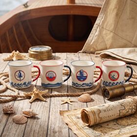 Nautical Style Ceramic Enamel-Look Coffee Mug 13oz, Vintage Ocean Theme Decal Ceramic Cup for Souvenir & Promotional Gift